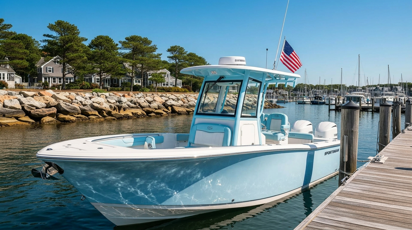 Luxury boat docked at a sunny marina